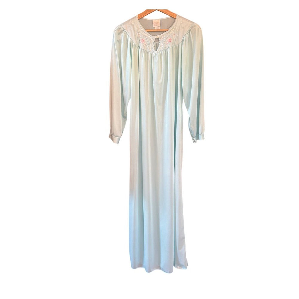 Vintage Katz Nightgown Pastel Light Blue Floral Embroidered Grannycore Coquette